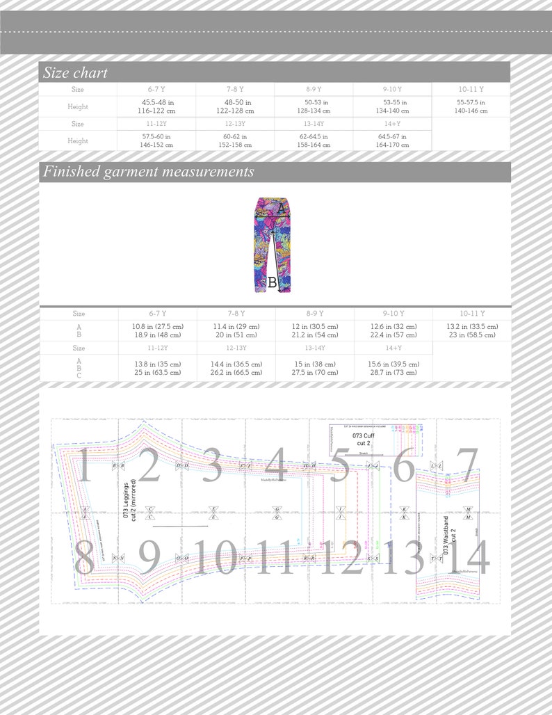 May include: A size chart for leggings with measurements in inches and centimeters. The chart includes sizes 6-7Y, 7-8Y, 8-9Y, 9-10Y, and 10-11Y. The chart also includes a diagram of the leggings with measurements for different parts of the garment.