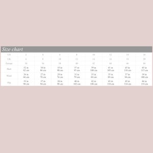 May include: A size chart detailing measurements in inches and centimetres. The chart includes US, UK, and European sizes, with bust, waist, and hip measurements. The chart ranges from UK size 6 to 20.