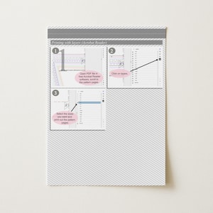 May include: A white instructional guide titled "Printing with layers (Acrobat Reader)" with numbered steps. The guide shows how to print PDF files with layers, including selecting sizes and printing pattern pages. The background has a diagonal striped pattern.
