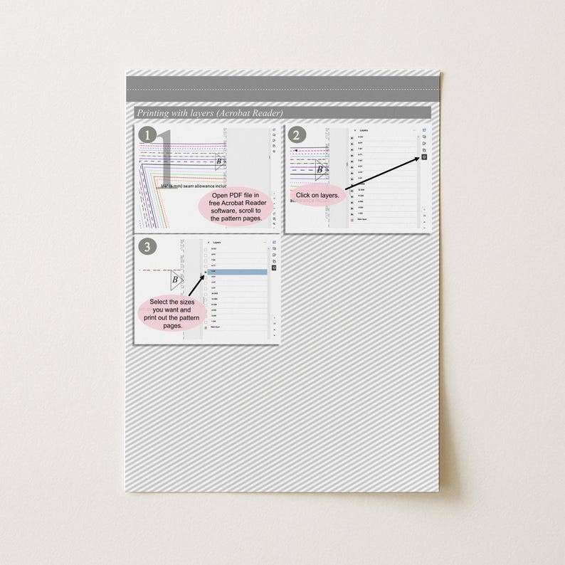 May include: A white instructional guide titled "Printing with layers (Acrobat Reader)" with numbered steps. The guide shows how to print PDF files with layers, including selecting sizes and printing pattern pages. The background has a diagonal striped pattern.