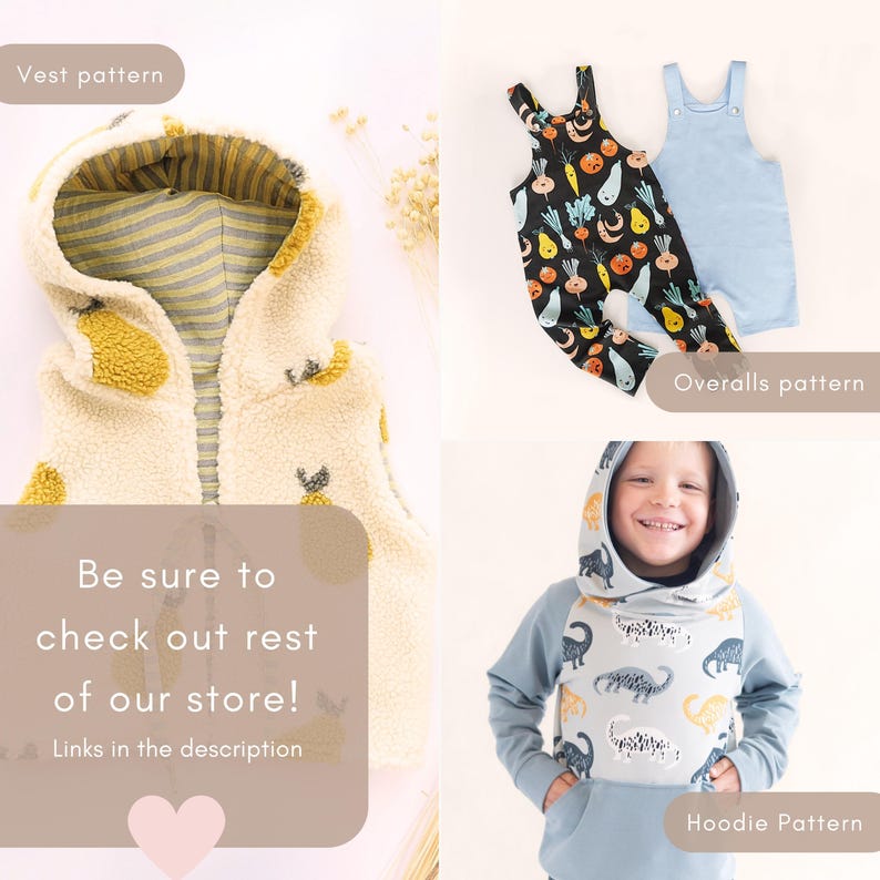 May include: A cream-colored sherpa vest with a yellow pear pattern and striped lining, a pair of black overalls with a vegetable print, a solid light blue pair of overalls, and a blue hoodie featuring a dinosaur print and a front pocket.