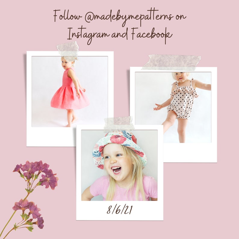 May include: Three Polaroid-style photos of children wearing different outfits. The top left photo shows a child wearing a pink dress. The top right photo shows a child wearing a polka dot dress. The bottom photo shows a child wearing a pink shirt and a floral hat. The date 8/6/21 is written on the bottom photo.