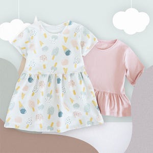Patrón de vestido para niñas principiantes: top y vestido peplum para bebés y niños pequeños. Paquete de patrones imprimibles en PDF para tejido de punto.