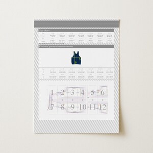May include: A white paper with a size chart and finished garment measurements. A navy blue tank top graphic is in the center. Below are numbered diagrams with measurements. The paper has a gray striped border.