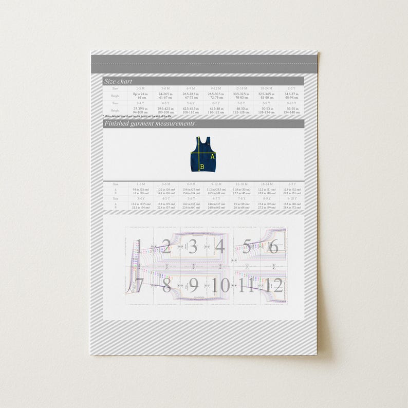 May include: A white paper with a size chart and finished garment measurements. A navy blue tank top graphic is in the center. Below are numbered diagrams with measurements. The paper has a gray striped border.