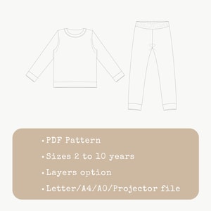 May include: A black and white line drawing of a long-sleeve shirt and pants set. A tan rectangular box below contains the text: PDF Pattern, Sizes 2 to 10 years, Layers option, Letter/A4/A0/Projector file, detailing the digital file specifications.