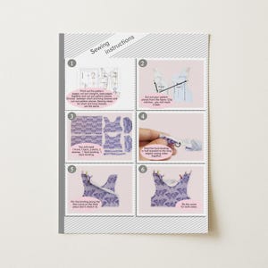 May include: A sewing instruction sheet with six illustrated steps. The instructions guide the user through cutting pattern pieces, folding fabric, and pinning the binding. The fabric pieces have a purple butterfly pattern.