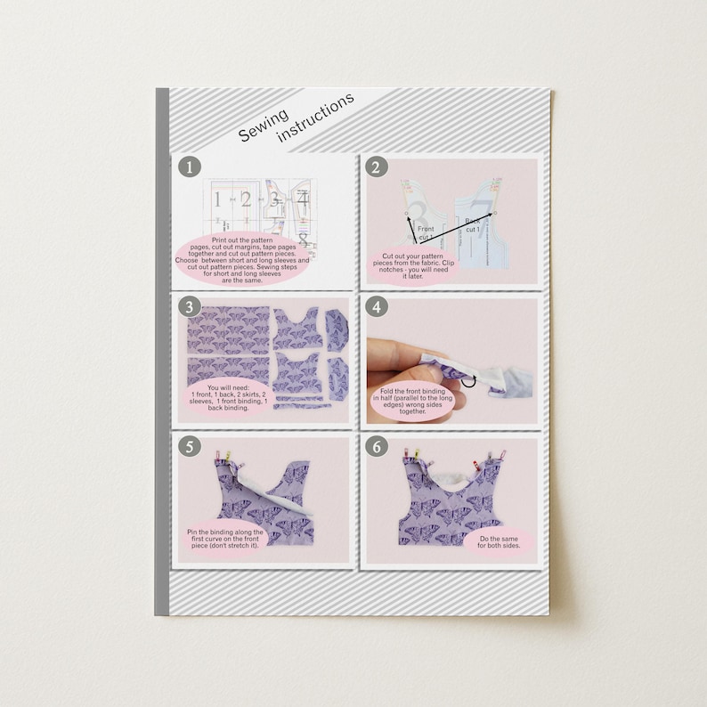 May include: A sewing instruction sheet with six illustrated steps. The instructions guide the user through cutting pattern pieces, folding fabric, and pinning the binding. The fabric pieces have a purple butterfly pattern.