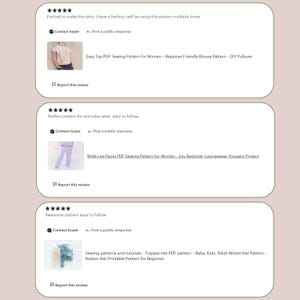 May include: Image of Etsy product reviews. The reviews include text and images of sewing patterns. The patterns include a blouse, wide-leg trousers, and a trapper hat. The reviews are positive, with five-star ratings.