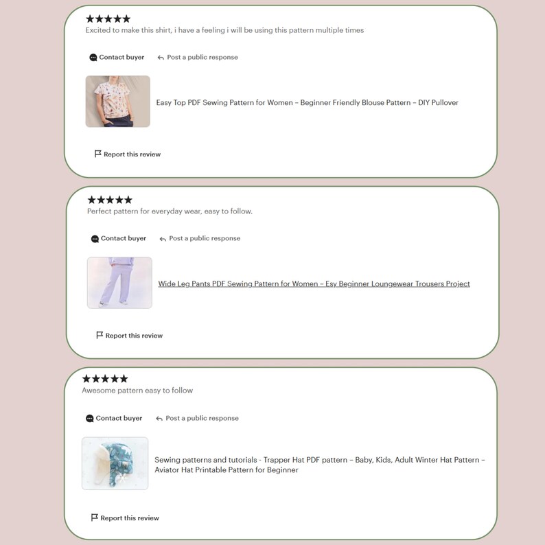 May include: Image of Etsy product reviews. The reviews include text and images of sewing patterns. The patterns include a blouse, wide-leg trousers, and a trapper hat. The reviews are positive, with five-star ratings.