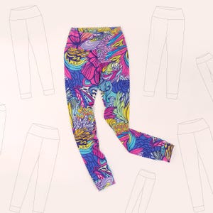 Leggings being sewn with knit fabric and sewing machine from easy, beginner-friendly sewing pattern PDF