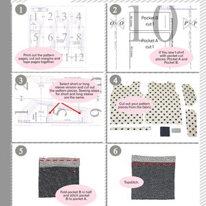 May include: Sewing instructions for a t-shirt with a pocket. The instructions include diagrams showing how to cut out the pattern pieces, fold the pocket in half, and topstitch the pocket.