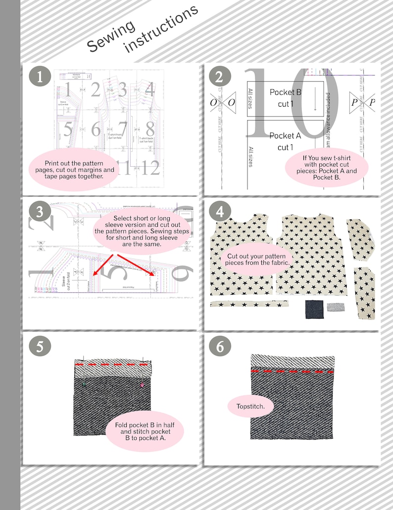 May include: Sewing instructions for a t-shirt with a pocket. The instructions include diagrams showing how to cut out the pattern pieces, fold the pocket in half, and topstitch the pocket.