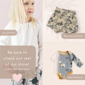Puede incluir: La imagen muestra ropa para ni&ntilde;os. Se muestra una parte superior blanca, pantalones cortos estampados con un fondo beige e ilustraciones grises, y un body de beb&eacute; gris con un tema espacial. El texto anima a los espectadores a explorar la tienda.