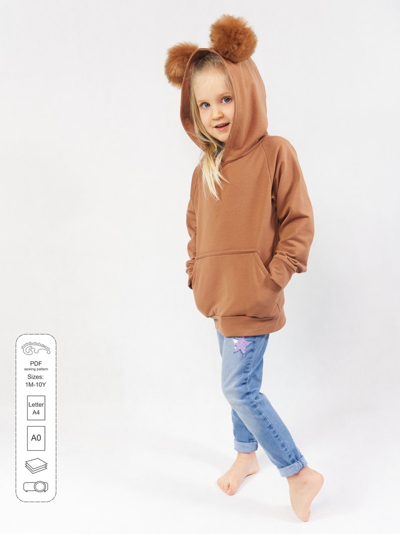 Hoodie with ears sewing pattern PDF, kids and baby sewing patterns pdf, hoodie pattern with projector files included image 2