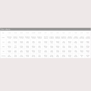 May include: A size chart with measurements in inches and centimeters for children's clothing. The chart includes sizes from 1-3 months to 8-10 years, detailing height, chest, waist, hip, and inseam measurements.