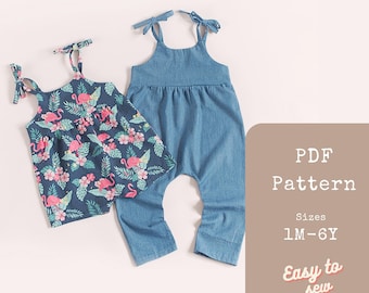 Baby Romper Sewing Pattern PDF – Summer Baby Clothes with Shoulder Ties – Woven or Knit Fabric – Sizes 1mo–6yr – Easy DIY Outfit