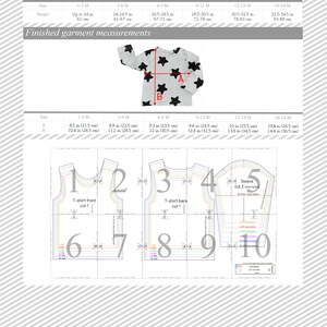 May include: A size chart for a t-shirt pattern with measurements in inches and centimeters. The chart shows the finished garment measurements for sizes 1-3 months, 3-6 months, 6-9 months, 9-12 months, 12-18 months, and 18-24 months. The pattern includes a front and back piece for the t-shirt and two sleeve pieces.