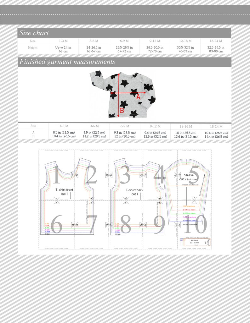 May include: A size chart for a t-shirt pattern with measurements in inches and centimeters. The chart shows the finished garment measurements for sizes 1-3 months, 3-6 months, 6-9 months, 9-12 months, 12-18 months, and 18-24 months. The pattern includes a front and back piece for the t-shirt and two sleeve pieces.