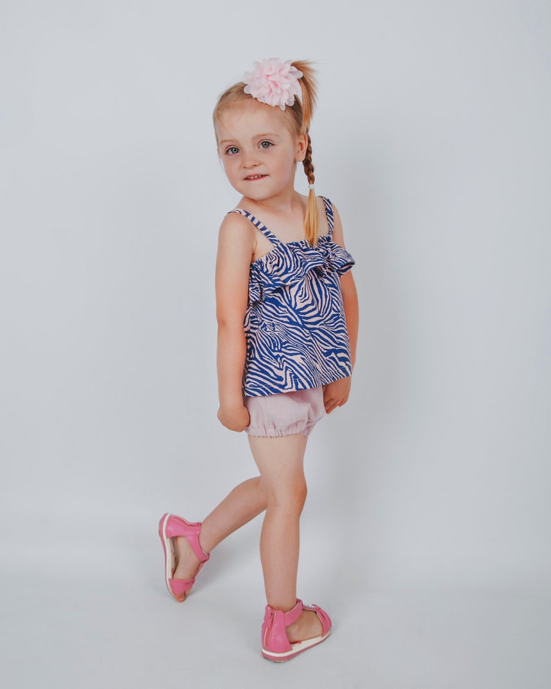 Handmade baby and kids summer outfit created with a linen sewing pattern.