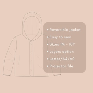 Puede incluir: Un dibujo lineal de una chaqueta con capucha y cierre de botones. El texto de la imagen indica que es una chaqueta reversible, f&aacute;cil de coser y disponible en tallas 1M-10Y. Caracter&iacute;sticas adicionales incluyen una opci&oacute;n de capas, Letter/A4/A0 y un archivo de proyector.