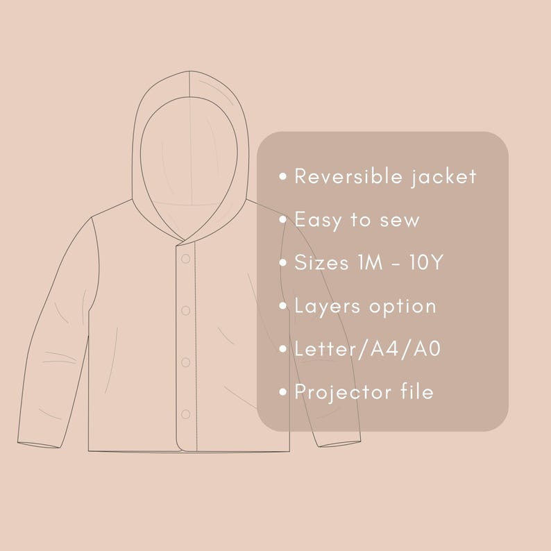 Puede incluir: Un dibujo lineal de una chaqueta con capucha y cierre de botones. El texto de la imagen indica que es una chaqueta reversible, f&aacute;cil de coser y disponible en tallas 1M-10Y. Caracter&iacute;sticas adicionales incluyen una opci&oacute;n de capas, Letter/A4/A0 y un archivo de proyector.