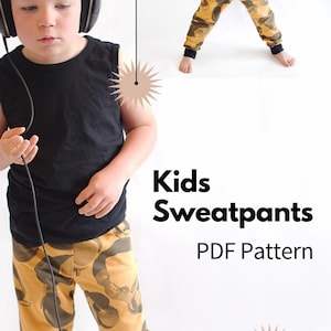 May include: Image features a child wearing a black sleeveless shirt and yellow camouflage sweatpants. The text "Kids Sweatpants PDF Pattern" is displayed. The child is wearing headphones in one image.