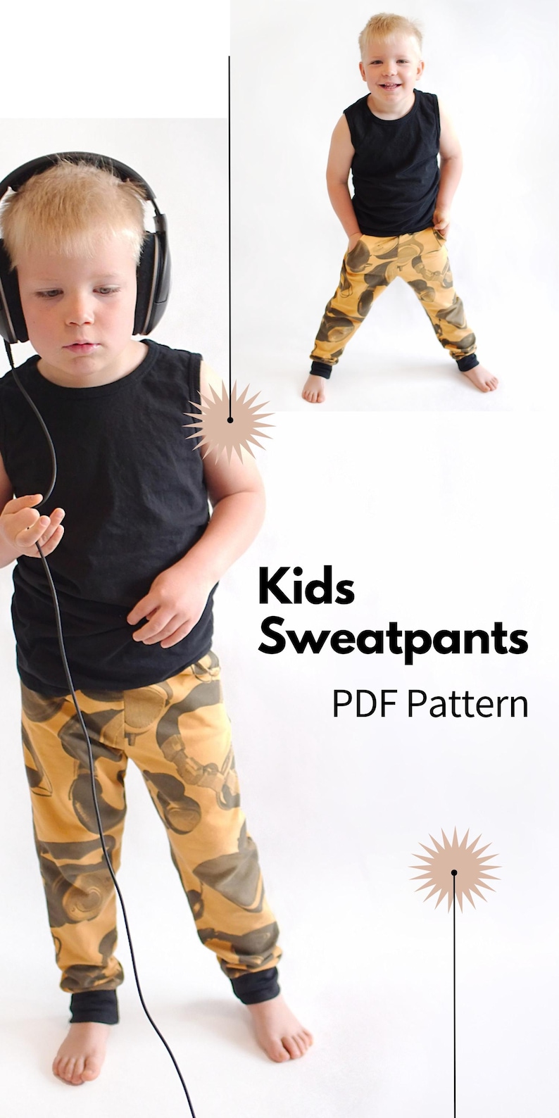May include: Image features a child wearing a black sleeveless shirt and yellow camouflage sweatpants. The text "Kids Sweatpants PDF Pattern" is displayed. The child is wearing headphones in one image.