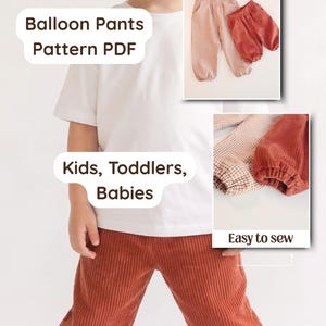 K&ouml;nnte beinhalten: Ein Kind tr&auml;gt eine rostfarbene Cord-Ballonhose und eine braune Strickm&uuml;tze. Das Bild enth&auml;lt den Text "Ballonhosen-Schnittmuster PDF" und "Kinder, Kleinkinder, Babys". Zus&auml;tzliche Bilder zeigen die Hose in verschiedenen Farben und die W&ouml;rter "Bequem" und "Leicht zu n&auml;hen".