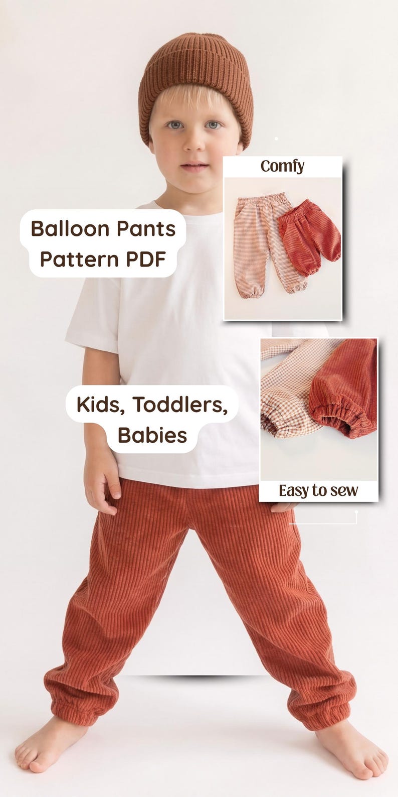 K&ouml;nnte beinhalten: Ein Kind tr&auml;gt eine rostfarbene Cord-Ballonhose und eine braune Strickm&uuml;tze. Das Bild enth&auml;lt den Text "Ballonhosen-Schnittmuster PDF" und "Kinder, Kleinkinder, Babys". Zus&auml;tzliche Bilder zeigen die Hose in verschiedenen Farben und die W&ouml;rter "Bequem" und "Leicht zu n&auml;hen".