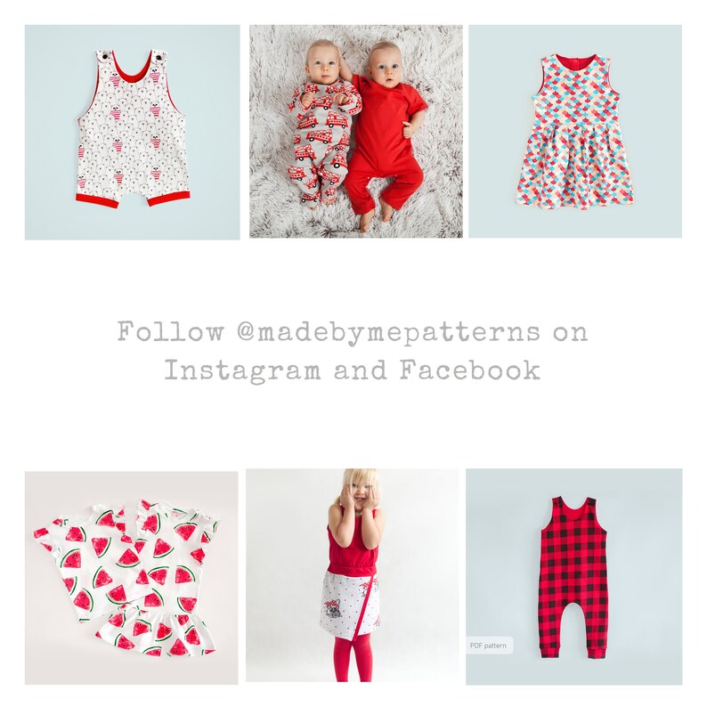 May include: A collection of children's clothing patterns featuring various designs, including a red and white fire truck print, a watermelon print, and a red and black plaid print. The patterns are available as PDF downloads. Follow @madebymepatterns on Instagram and Facebook.