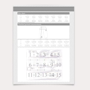 May include: A sewing pattern document featuring a size chart, finished garment measurements for trousers, and a numbered layout of fifteen pattern pieces. The text includes Size chart, Finished garment measurements, and numbers 1 through 15.