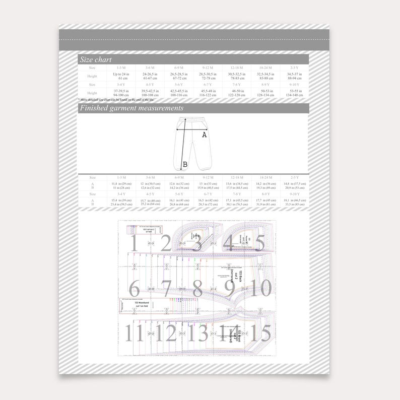 May include: A sewing pattern document featuring a size chart, finished garment measurements for trousers, and a numbered layout of fifteen pattern pieces. The text includes Size chart, Finished garment measurements, and numbers 1 through 15.