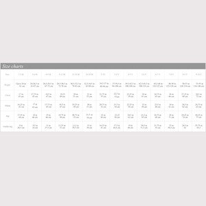 May include: A size chart with measurements in inches and centimeters. The chart includes sizes from 1-3 months to 9-10 years, detailing height, chest, waist, hip, and inside leg measurements.