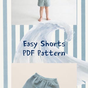Puede incluir: Un ni&ntilde;o con una camiseta blanca y pantalones cortos azul claro, con los brazos levantados. La imagen incluye el texto "Easy Shorts PDF Pattern" y dos pares de pantalones cortos azules. El fondo tiene rayas azules y blancas.