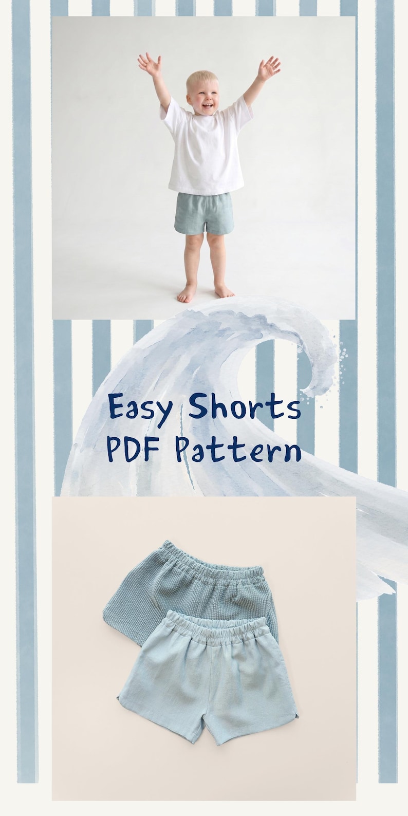 Puede incluir: Un ni&ntilde;o con una camiseta blanca y pantalones cortos azul claro, con los brazos levantados. La imagen incluye el texto "Easy Shorts PDF Pattern" y dos pares de pantalones cortos azules. El fondo tiene rayas azules y blancas.