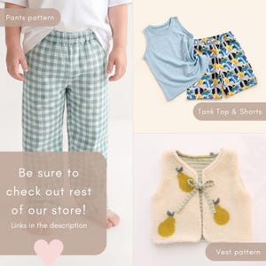 Puede incluir: Colecci&oacute;n de ropa infantil que incluye una camiseta sin mangas azul claro, pantalones cortos estampados, un chaleco color crema con dise&ntilde;os de pera y pantalones a cuadros verdes y blancos. La imagen tambi&eacute;n incluye el texto "Be sure to check out rest of our store!"