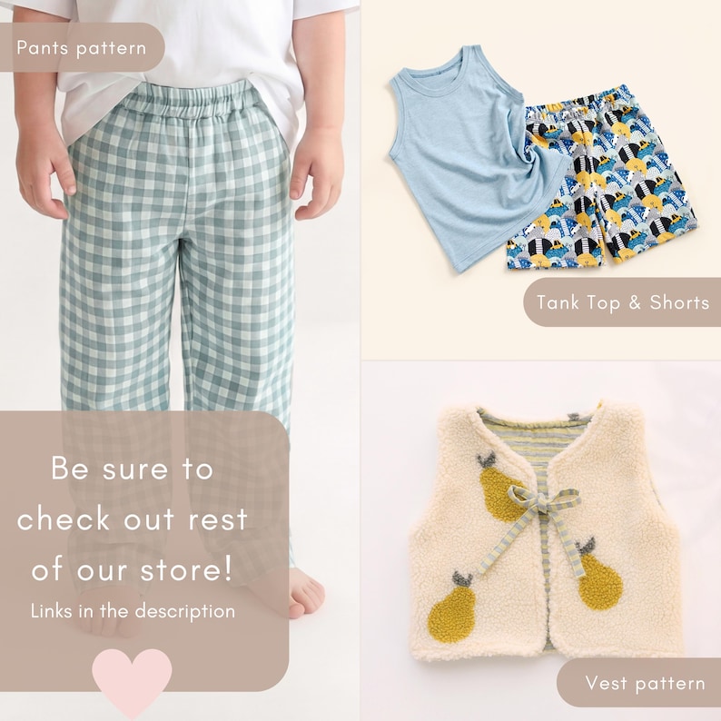 Puede incluir: Colecci&oacute;n de ropa infantil que incluye una camiseta sin mangas azul claro, pantalones cortos estampados, un chaleco color crema con dise&ntilde;os de pera y pantalones a cuadros verdes y blancos. La imagen tambi&eacute;n incluye el texto "Be sure to check out rest of our store!"