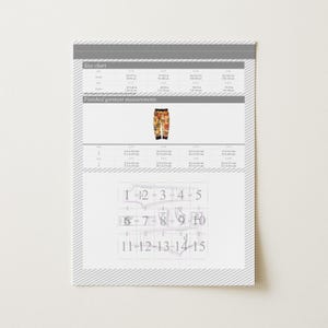 May include: A printed size chart with measurements in inches and centimeters. The chart includes size details for clothing, with a pair of patterned pants displayed. Below the chart are numbered pattern pieces.
