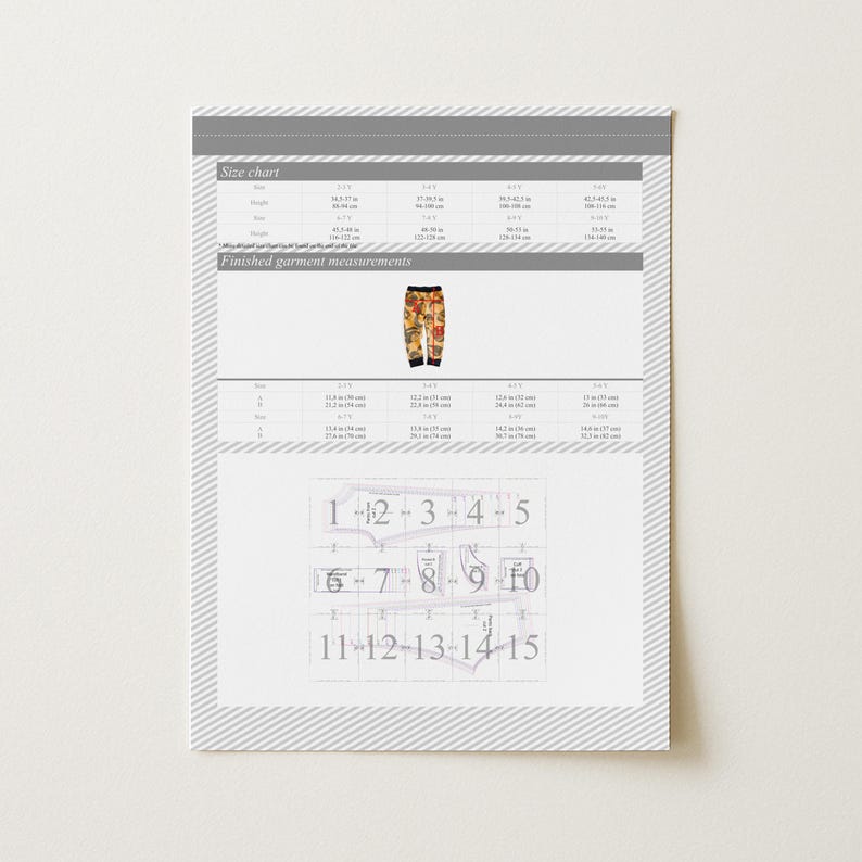 May include: A printed size chart with measurements in inches and centimeters. The chart includes size details for clothing, with a pair of patterned pants displayed. Below the chart are numbered pattern pieces.