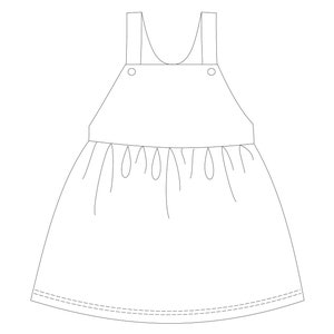May include: A white sleeveless dress with a gathered skirt and two straps that have a button detail at the shoulders.
