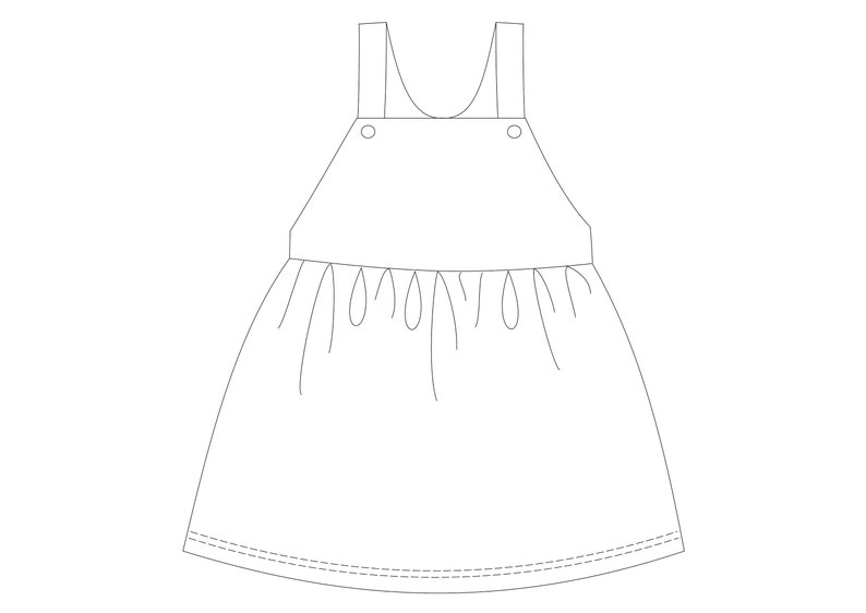 May include: A white sleeveless dress with a gathered skirt and two straps that have a button detail at the shoulders.