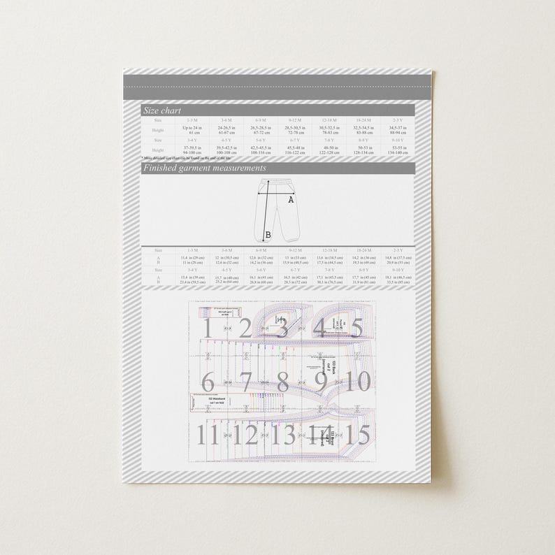 K&ouml;nnte beinhalten: Ein gedrucktes Schnittmusterbogen mit Gr&ouml;&szlig;entabelle und fertigen Kleidungsma&szlig;en. Das Blatt enth&auml;lt Diagramme und nummerierte Schnittteile. Der Text ist schwarz auf wei&szlig;em Hintergrund, mit einem grauen Rand und Akzenten.