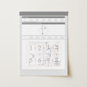 May include: A white and gray sewing pattern sheet with a size chart and garment measurements. The sheet includes diagrams and numbered pattern pieces for a dress. The text "Finished garment measurements" is visible.