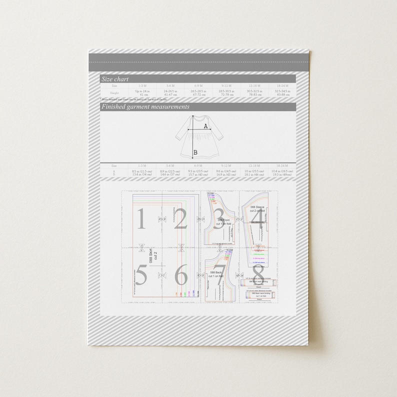 May include: A white and gray sewing pattern sheet with a size chart and garment measurements. The sheet includes diagrams and numbered pattern pieces for a dress. The text "Finished garment measurements" is visible.