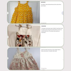May include: Three children's dresses in the image. The first dress is yellow with a bee pattern. The second dress has a white top and a floral print skirt. The third dress is white with a pink floral pattern.