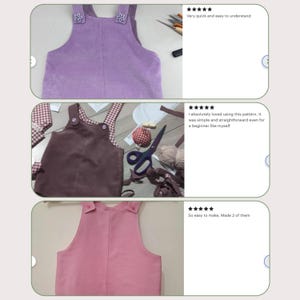 May include: Three images of handmade children's overalls in different colors. The first is a lavender corduroy with floral accents. The second is a brown corduroy with a gingham lining. The third is a pink overall. The overalls are shown with sewing supplies.