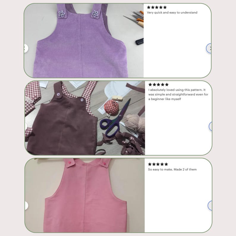 May include: Three images of handmade children's overalls in different colors. The first is a lavender corduroy with floral accents. The second is a brown corduroy with a gingham lining. The third is a pink overall. The overalls are shown with sewing supplies.