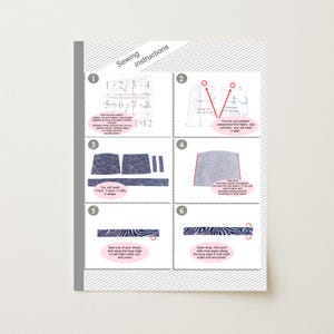 May include: A page of sewing instructions with numbered steps. The instructions include diagrams and text, guiding the user through the process of sewing a garment. The diagrams show pattern pieces and folding techniques. The text includes measurements and material requirements.