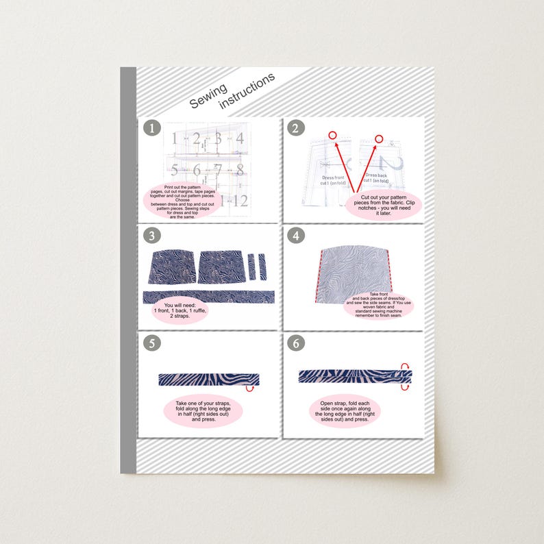 May include: A page of sewing instructions with numbered steps. The instructions include diagrams and text, guiding the user through the process of sewing a garment. The diagrams show pattern pieces and folding techniques. The text includes measurements and material requirements.